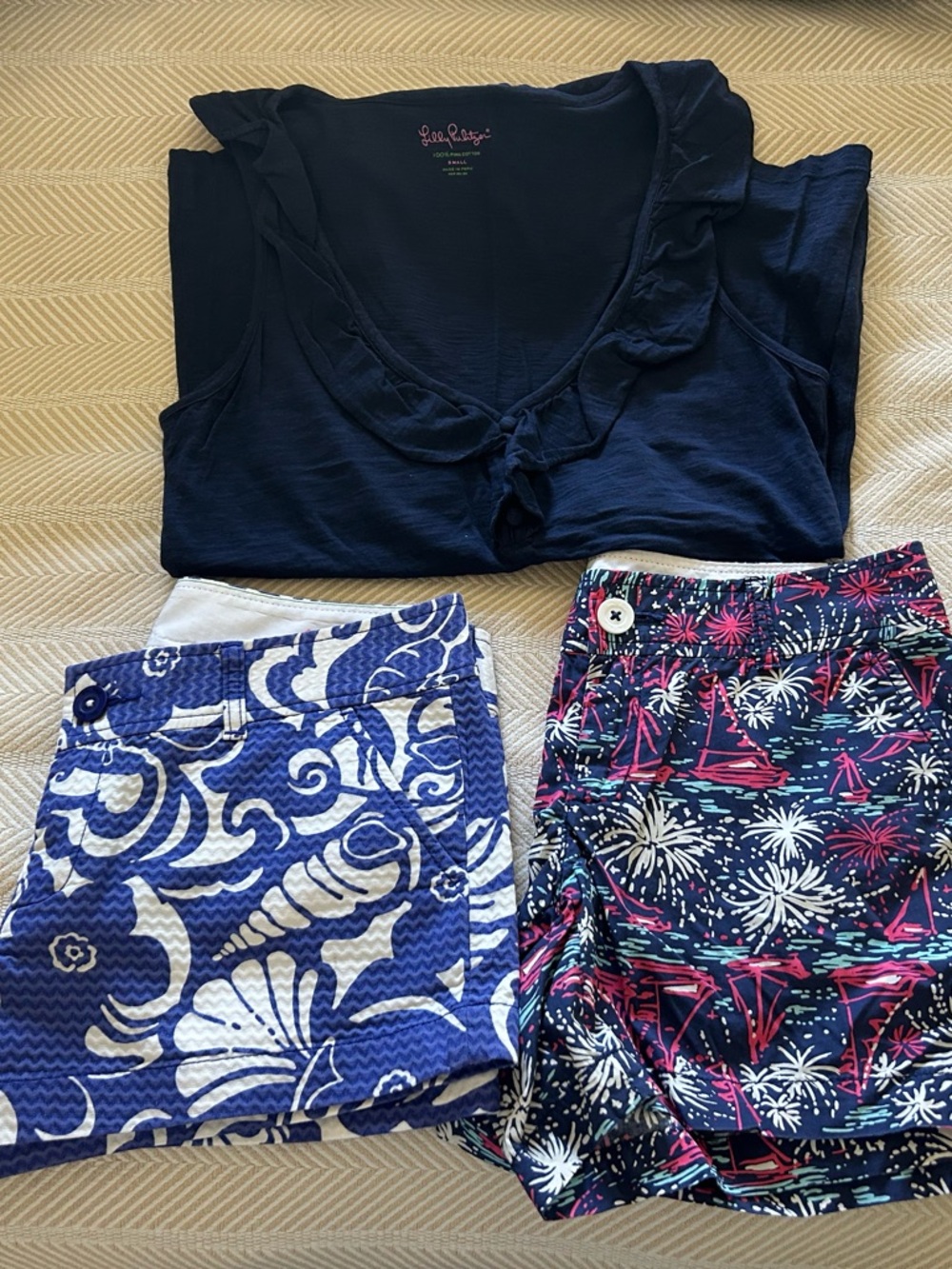 Lilly Pulitzer Navy Ruffle Tank with Patterned Shorts Set